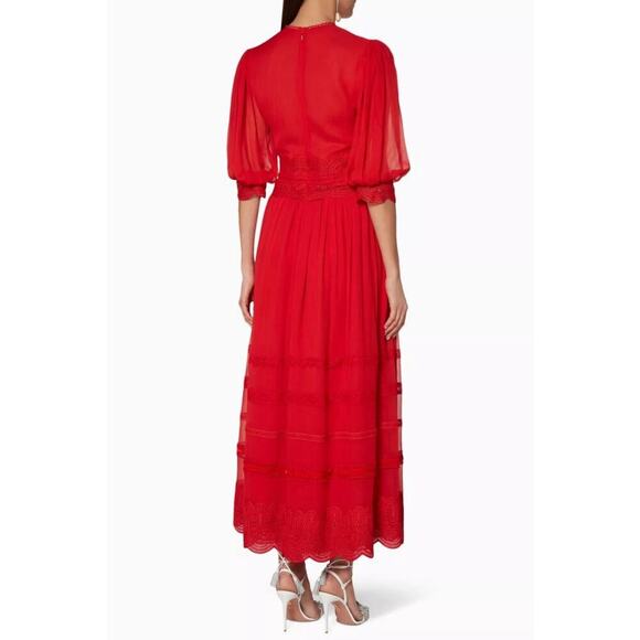 COSTARELLOS Red Scalloped Lace-Trim Maxi Dress Silk Gown Embroidered 36 4 S - Picture 4 of 10